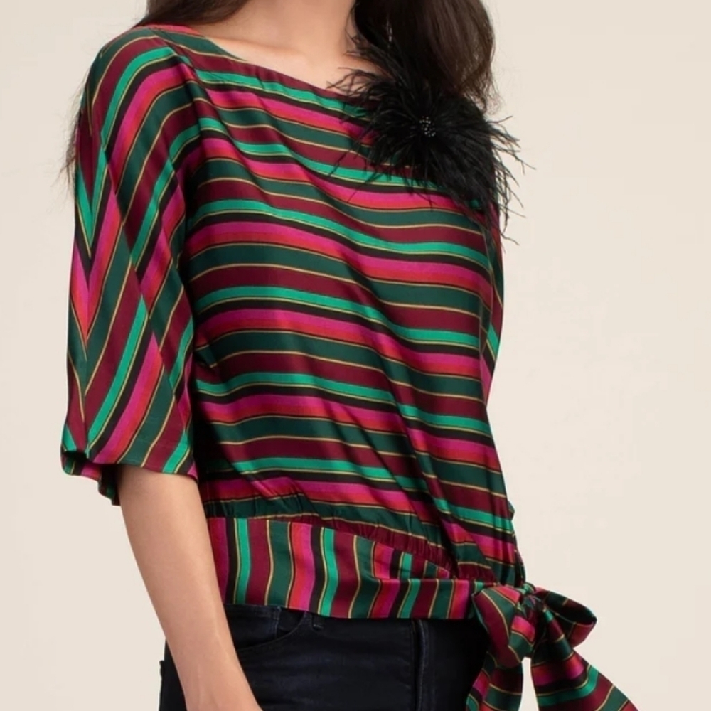 NEW! TRINA TURK On The Rocks Striped Bow Tie Blouse Top XS.